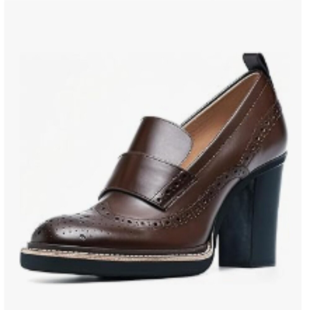YDN Saddle Brown Women Chunky High Heels Round Toe Oxford Loafer